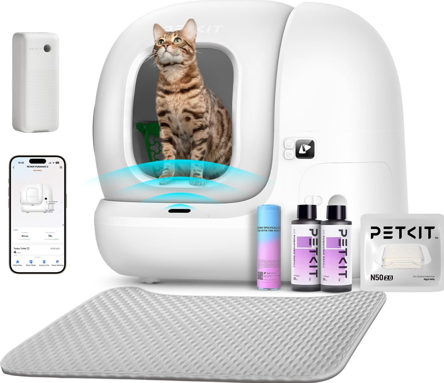 Automatic Cat Litter Box 2-Way Odor Remover & 20 Trash Bags,App Control Smart Robot with Anti-Scratch Inner Mat, Self-Cleaning
