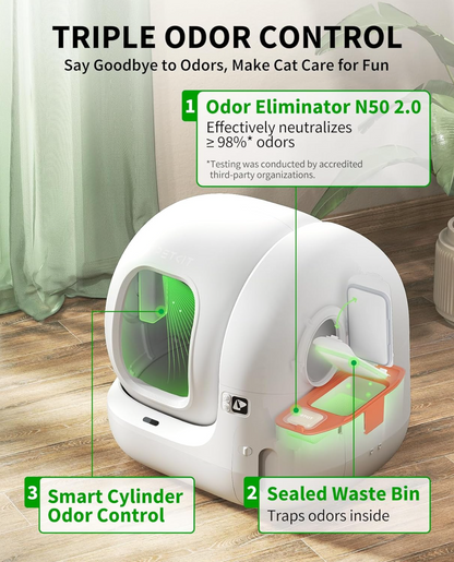 Automatic Cat Litter Box 2-Way Odor Remover & 20 Trash Bags,App Control Smart Robot with Anti-Scratch Inner Mat, Self-Cleaning