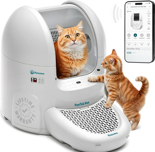 Petcove Self Cleaning Automatic Litter Box for Multi Cat - XL 65L Drum/Ultra Quiet 30-35dB Operation / 5 Safety Sensors/Easy App Control with Ultra Fast 5 GHz WiFi - Includes Ramp & 15 Litter Bags