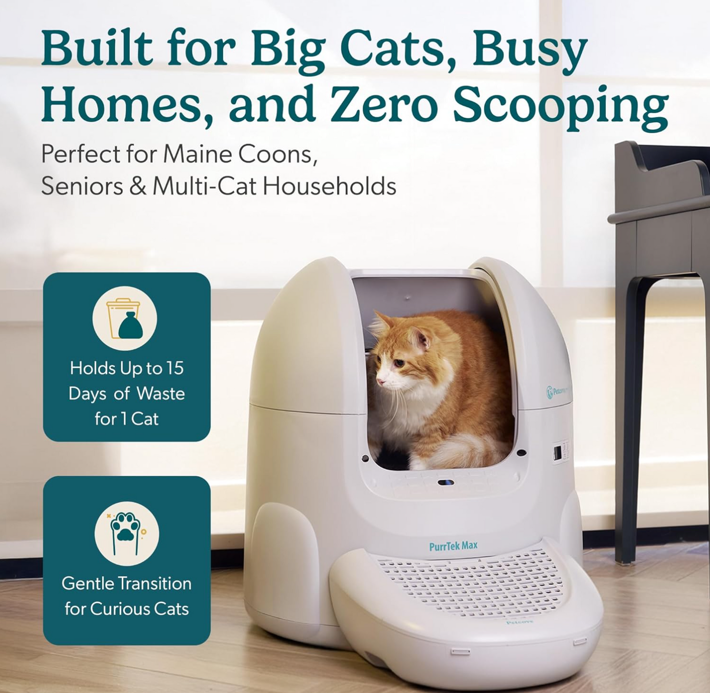 Petcove Self Cleaning Automatic Litter Box for Multi Cat - XL 65L Drum/Ultra Quiet 30-35dB Operation / 5 Safety Sensors/Easy App Control with Ultra Fast 5 GHz WiFi - Includes Ramp & 15 Litter Bags