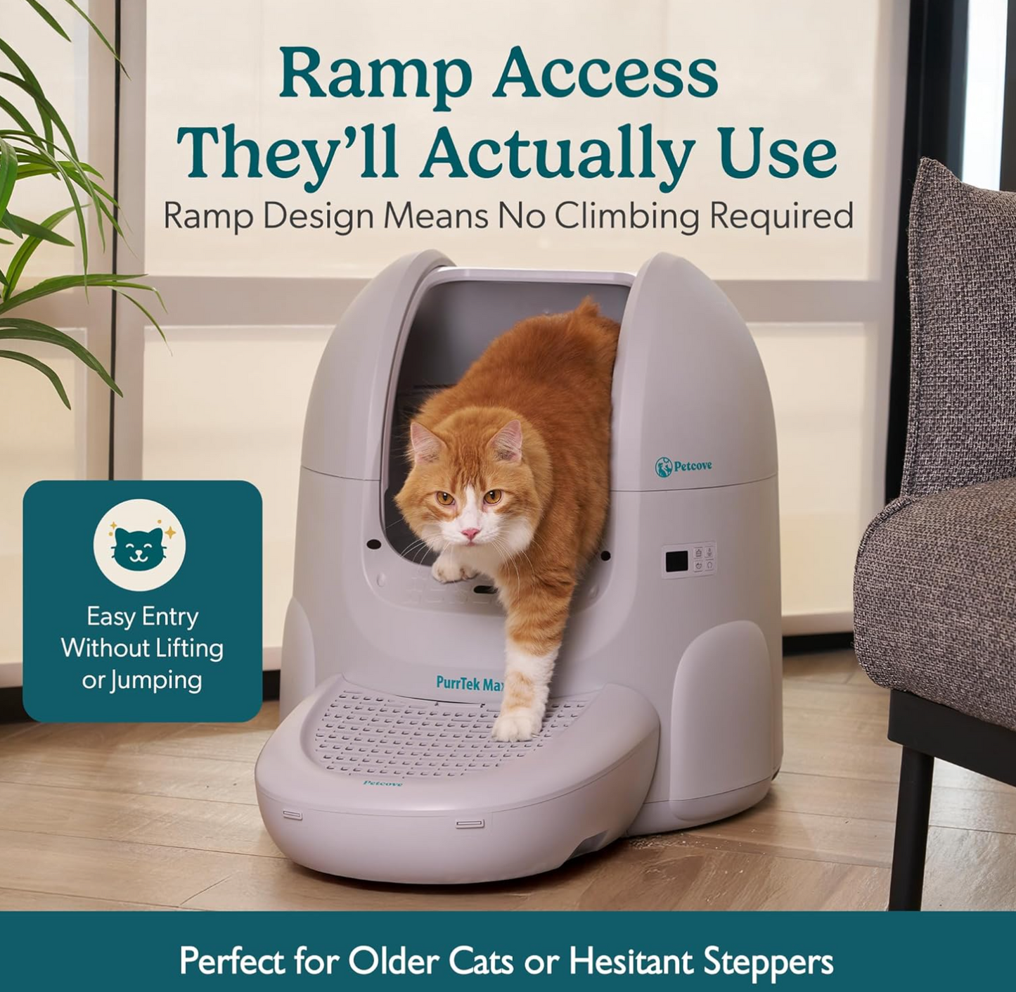 Petcove Self Cleaning Automatic Litter Box for Multi Cat - XL 65L Drum/Ultra Quiet 30-35dB Operation / 5 Safety Sensors/Easy App Control with Ultra Fast 5 GHz WiFi - Includes Ramp & 15 Litter Bags