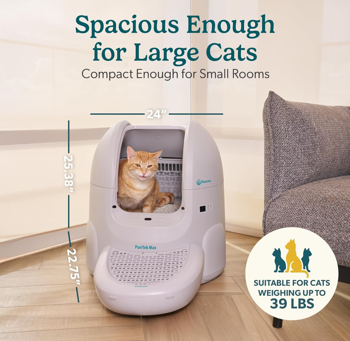 Petcove Self Cleaning Automatic Litter Box for Multi Cat - XL 65L Drum/Ultra Quiet 30-35dB Operation / 5 Safety Sensors/Easy App Control with Ultra Fast 5 GHz WiFi - Includes Ramp & 15 Litter Bags