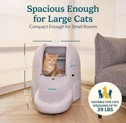 Petcove Self Cleaning Automatic Litter Box for Multi Cat - XL 65L Drum/Ultra Quiet 30-35dB Operation / 5 Safety Sensors/Easy App Control with Ultra Fast 5 GHz WiFi - Includes Ramp & 15 Litter Bags